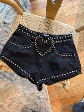 Nasty Gal Black Studded Denim Shorts with Heart Waist Detail